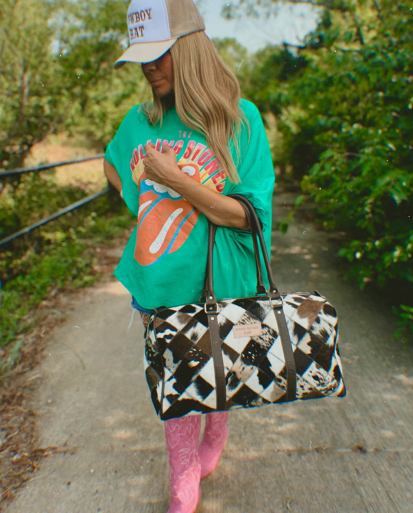 Duffle Weekender Leather Hair-On Cowhide Travel Bag {Tan + White Cowhide}