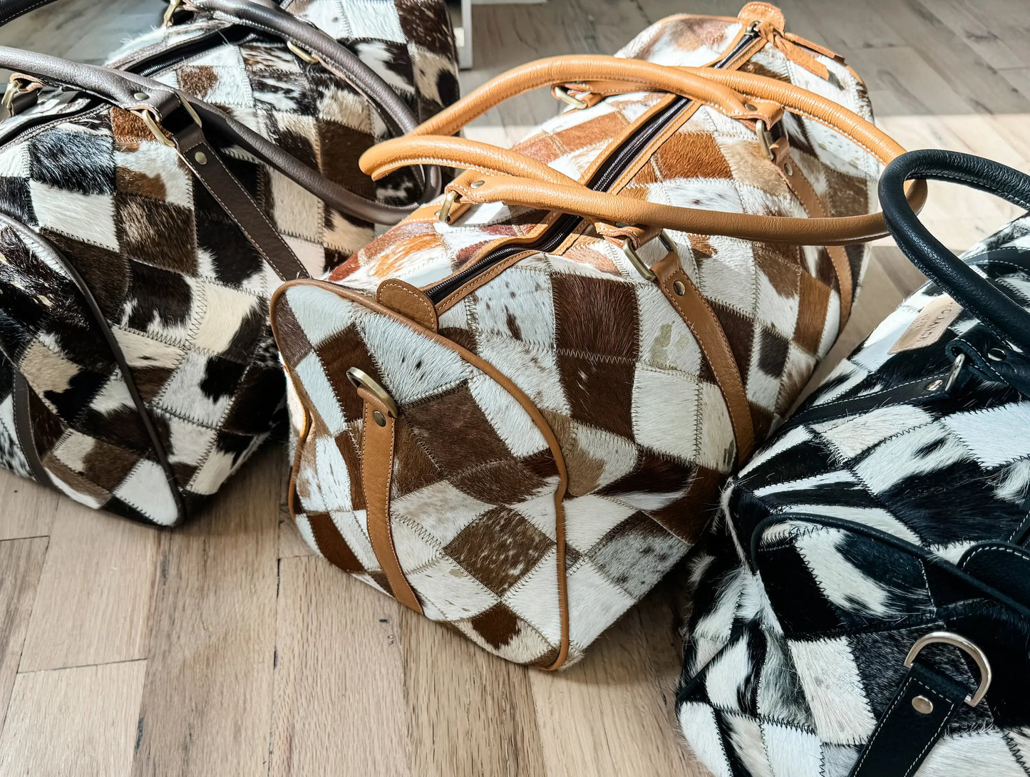 Duffle Weekender Leather Hair-On Cowhide Travel Bag {Tan + White Cowhide}